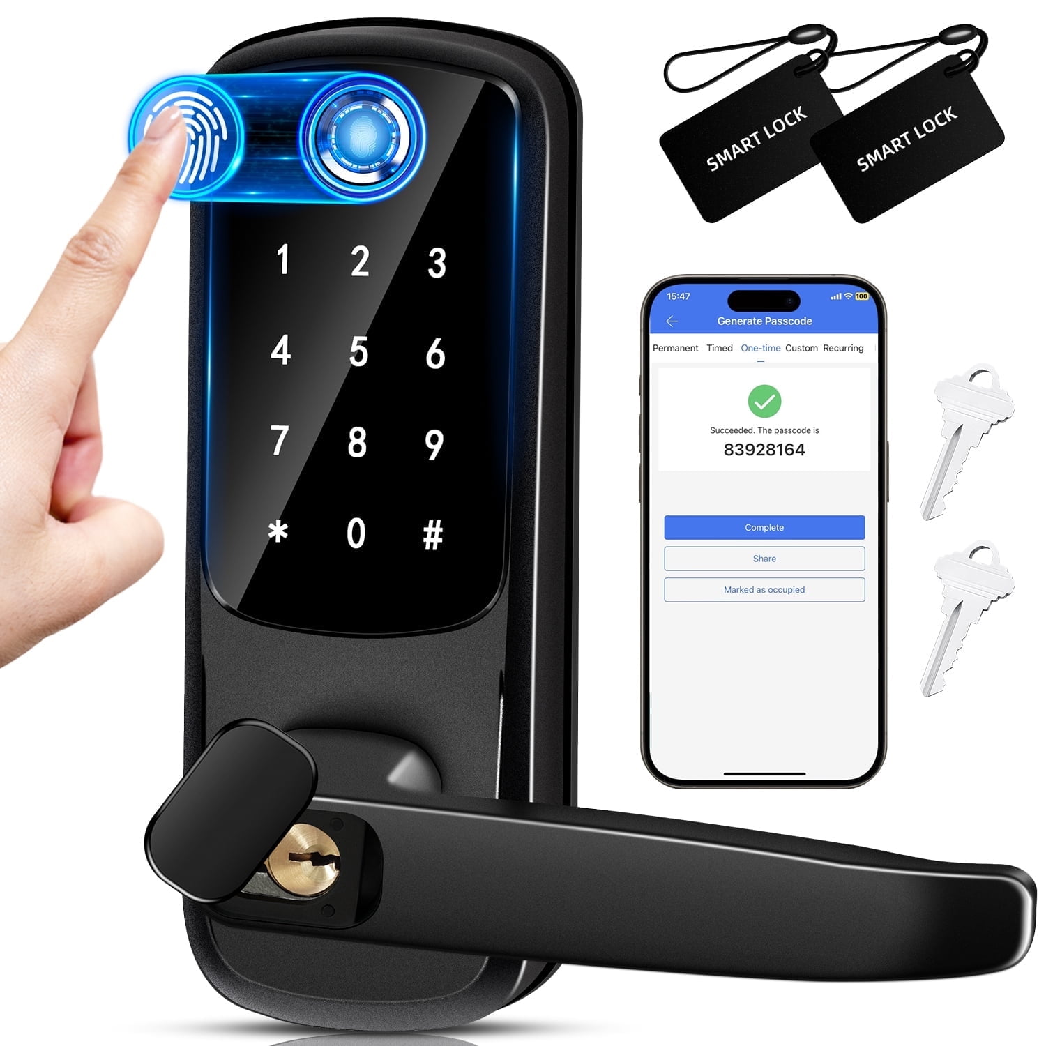 Fingerabdruckscanner auf einem Smart-Lock-Tastfeld, Telefon zeigt Code, Schlüssel.