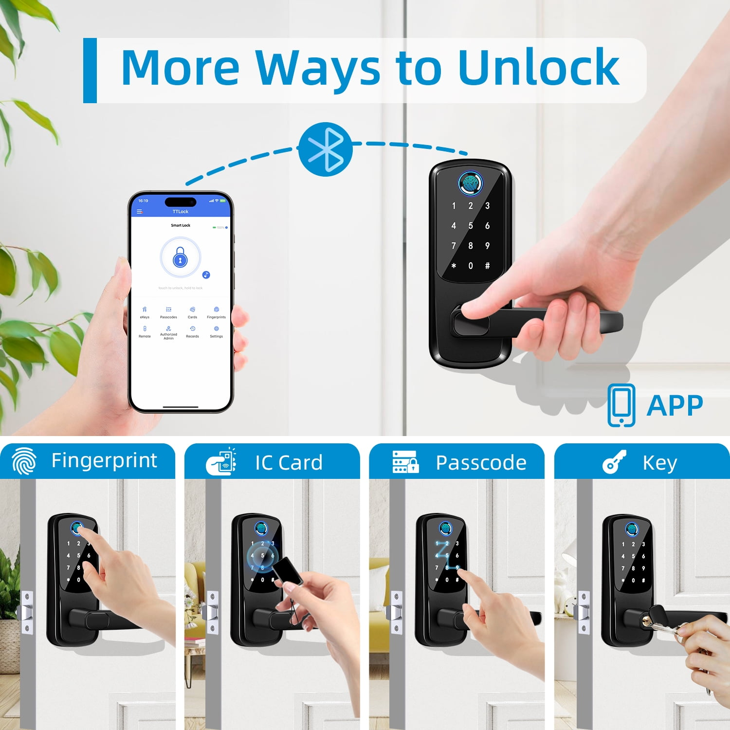 Smart Lock: Entsperren per App, Fingerabdruck, Karte, Code oder Schlüssel.
