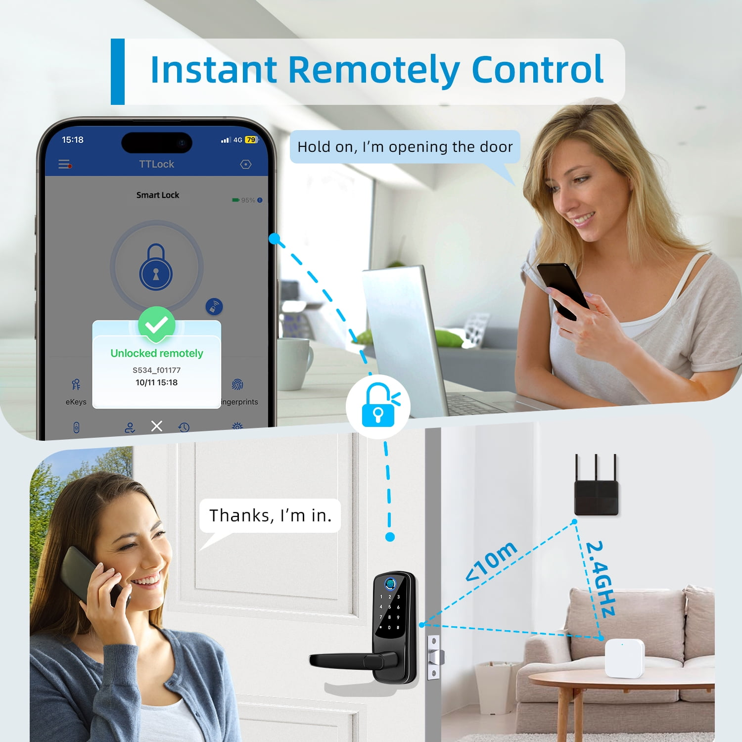 Eine Frau öffnet per Smartphone eine Tür. Ein anderes Bild zeigt einen Router und ein Schloss.