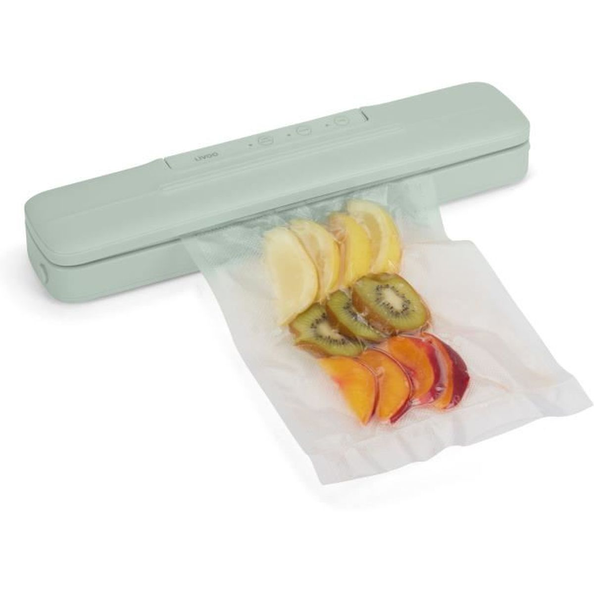 Ein hellgrünes Vakuumiergerät versiegelt eine Plastiktüte mit Obstscheiben.