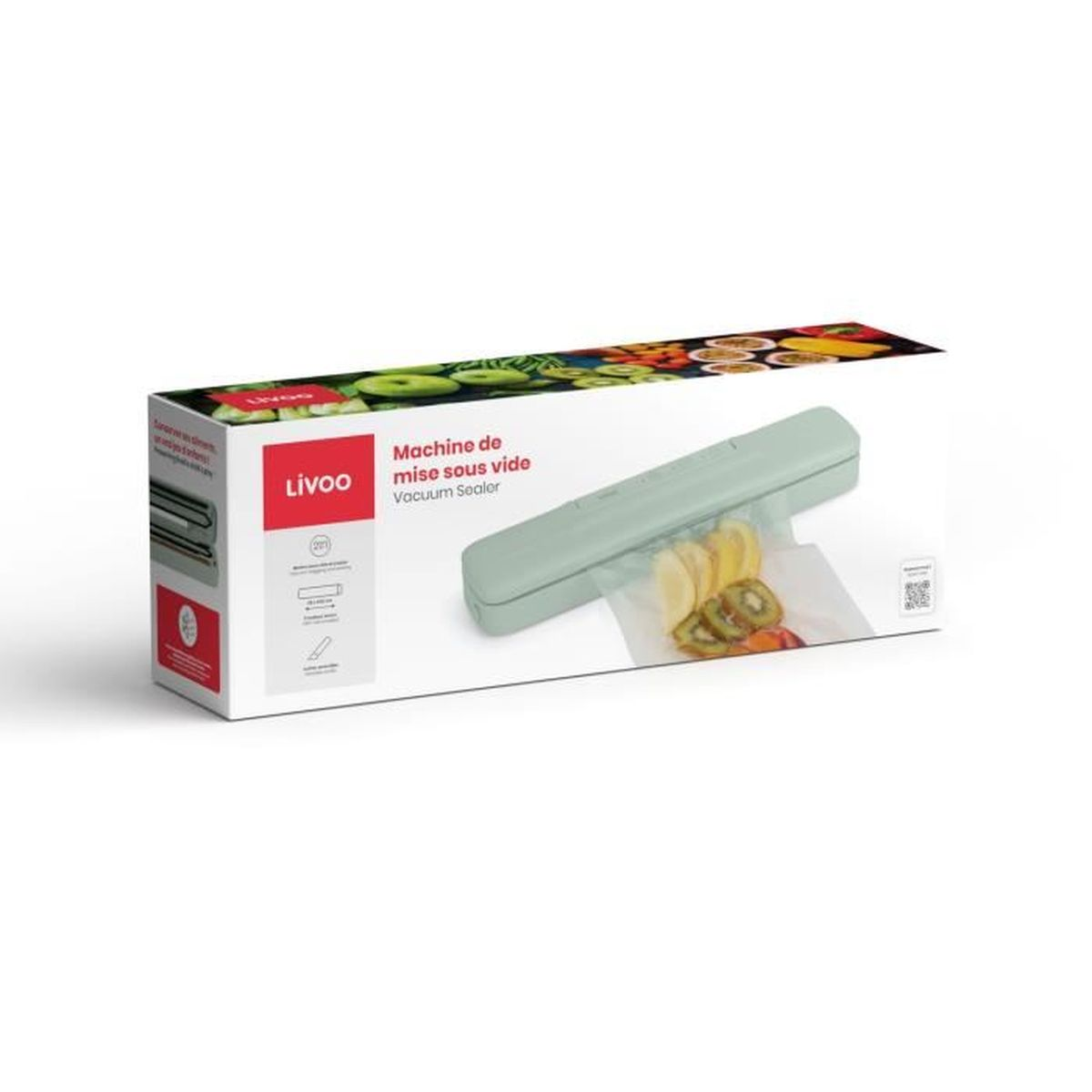 Verpackung einer Vakuumiermaschine mit Früchten und Gemüse auf der Oberseite.