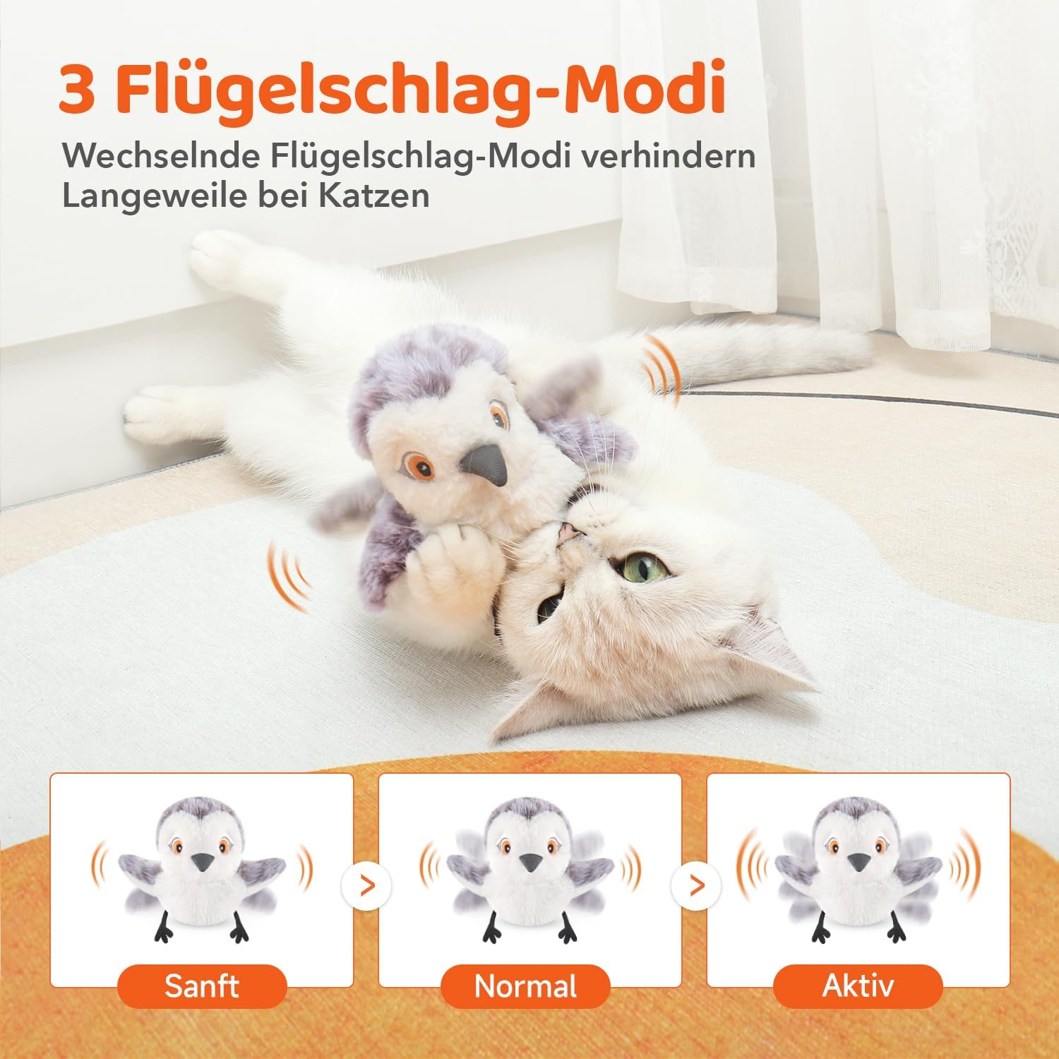 Eine Katze spielt mit einem Spielzeugvogel. Drei Modi: Sanft, Normal, Aktiv.
