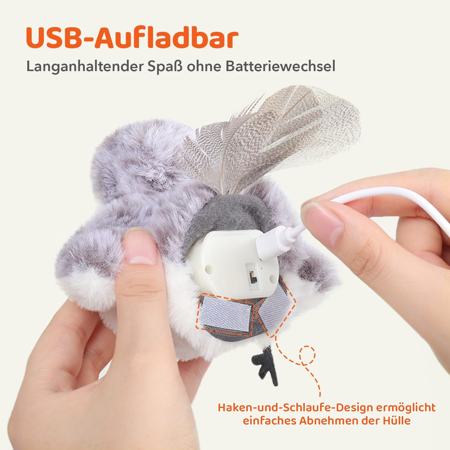 Graues Plüschtier mit Feder wird aufgeladen über USB. Haken-und-Schlaufe-Design.