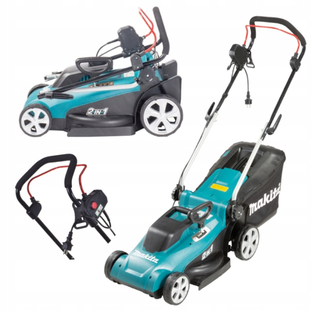 Trzy widoki turkusowej kosiarki z czarnym koszem na trawę i srebrnymi uchwytami.