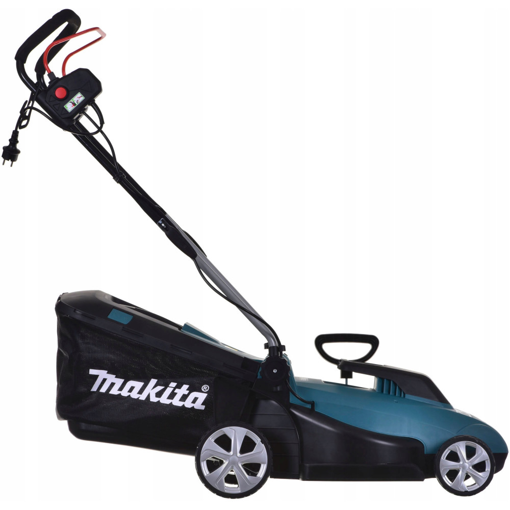 Niebiesko-zielona kosiarka Makita z czarnym koszem na trawę i srebrnymi kołami.