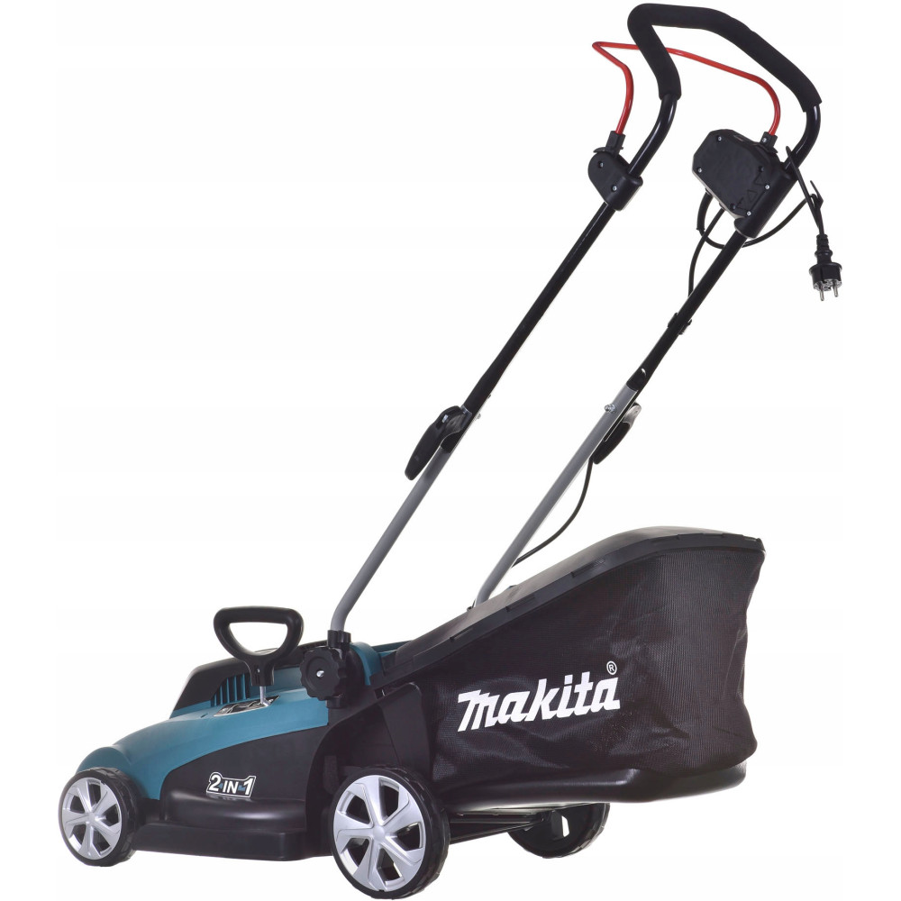 Turkusowa kosiarka Makita z czarnym koszem na trawę i srebrnymi kołami.