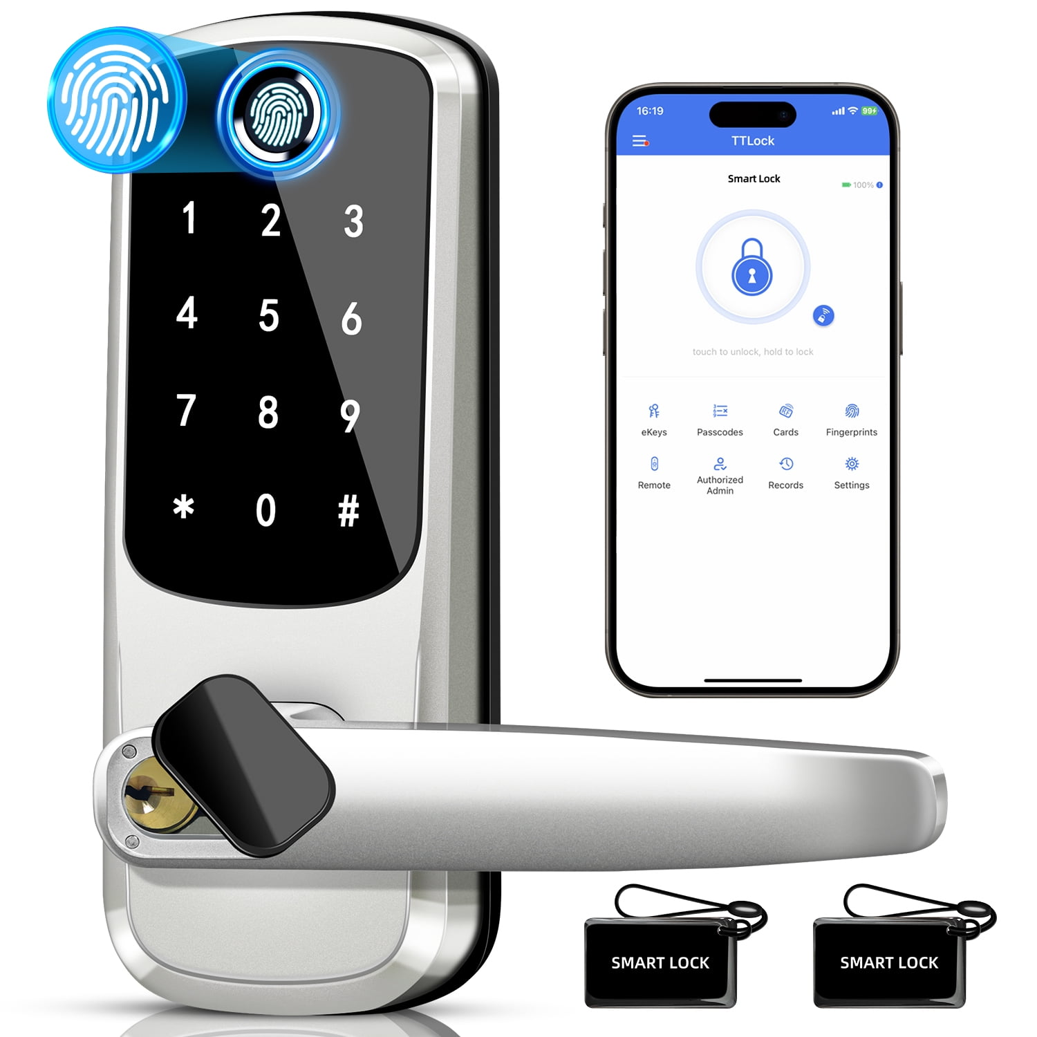 Ein Smart Lock mit Zahlenfeld, Fingerabdrucksensor, Griff und Smartphone-App.