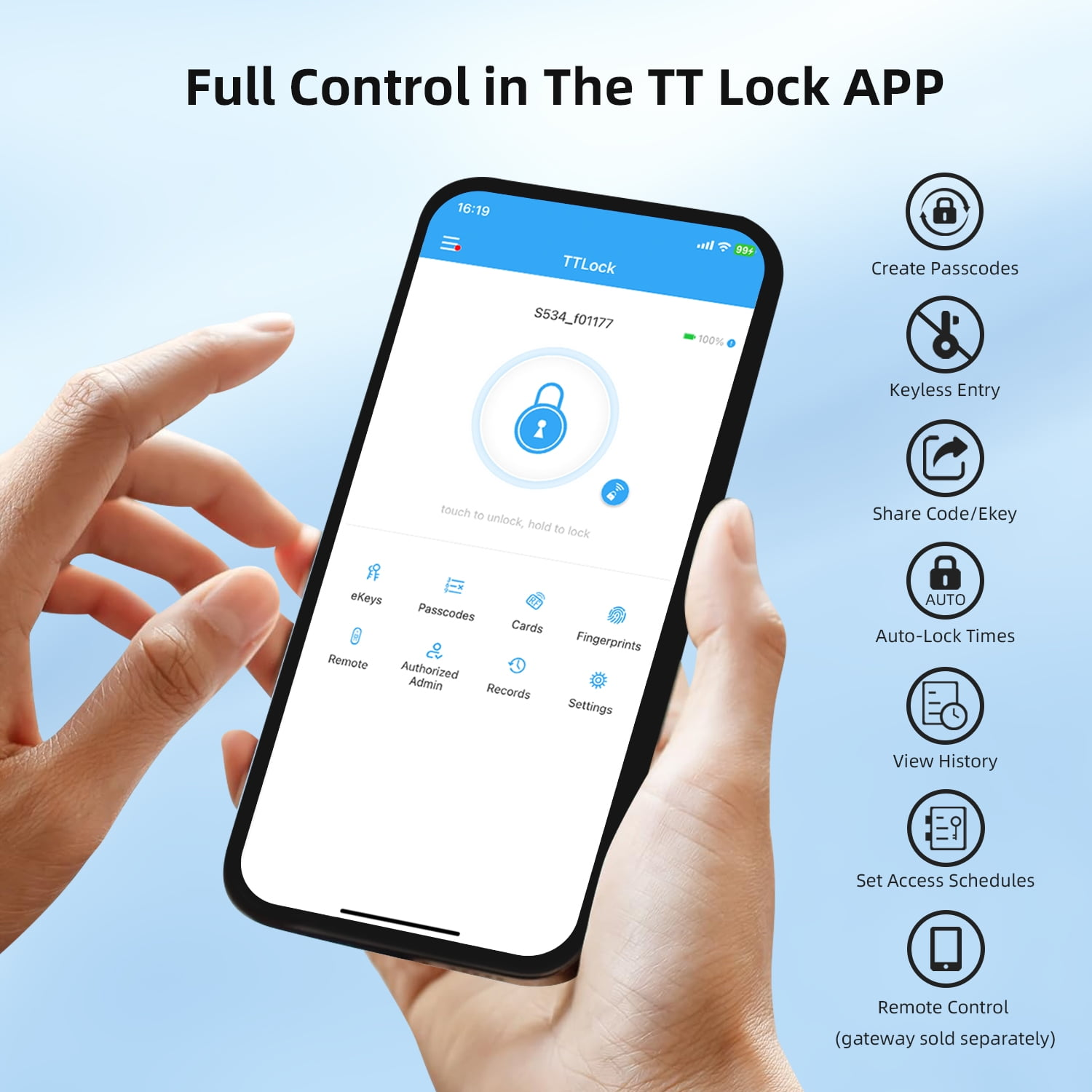 Hände halten ein Smartphone mit der TT Lock App. Optionen sind aufgelistet.