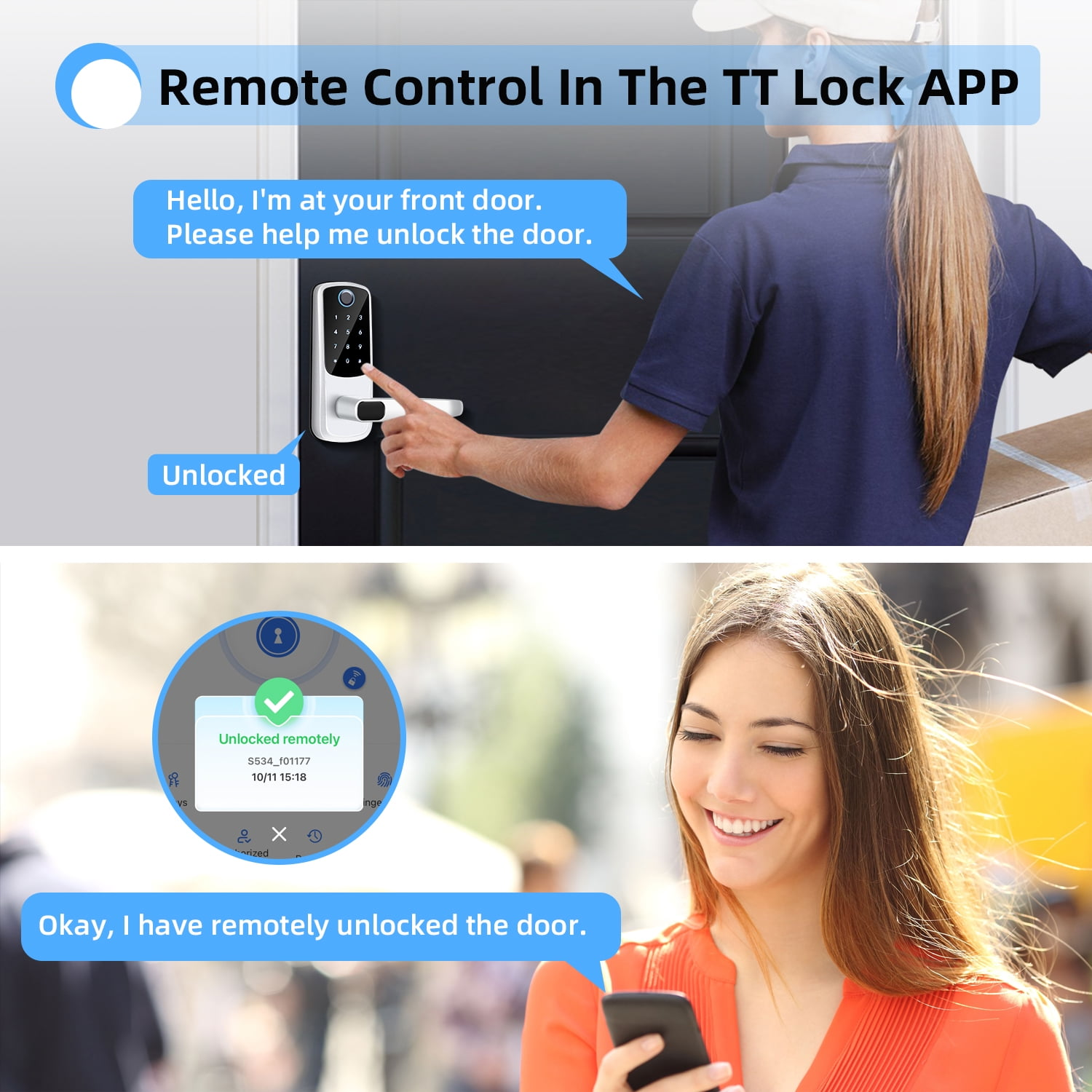 Eine Person benutzt eine Smart-Lock-App auf ihrem Handy, um eine Tür fernzusteuern.