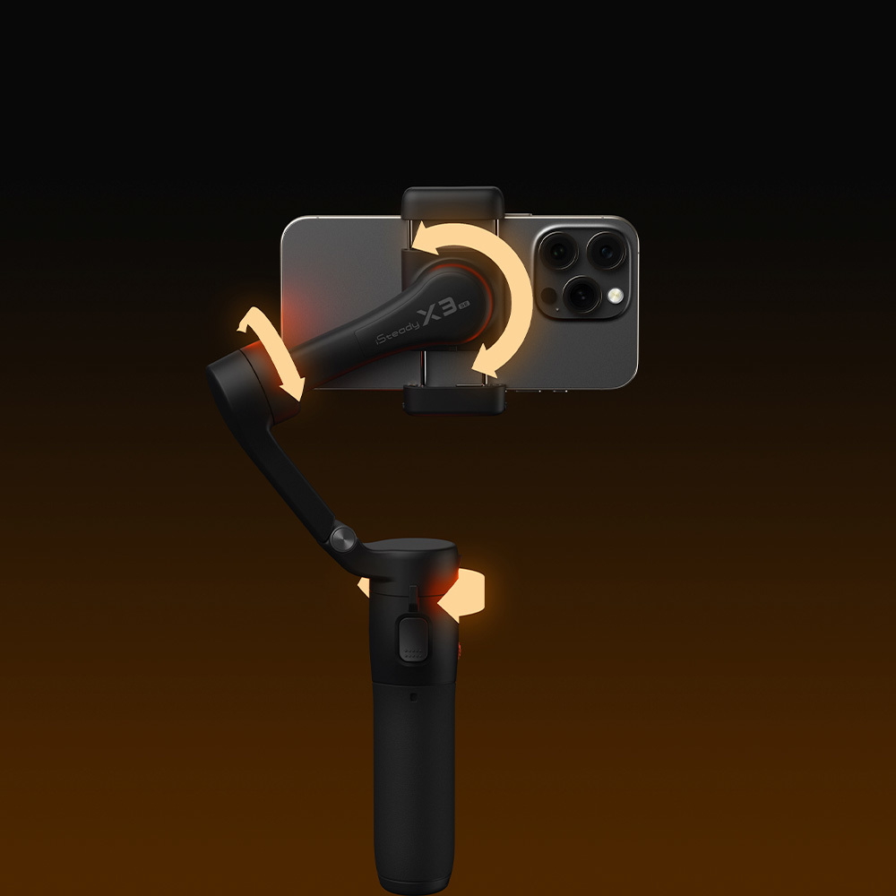 Ein schwarzer Smartphone-Gimbal-Stabilisator mit montiertem Telefon, der eine Rotationsbewegung zeigt.