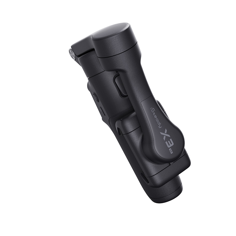 Schwarzer Gimbal-Stabilisator für Kameras mit faltbarem Design, auf weißem Hintergrund.