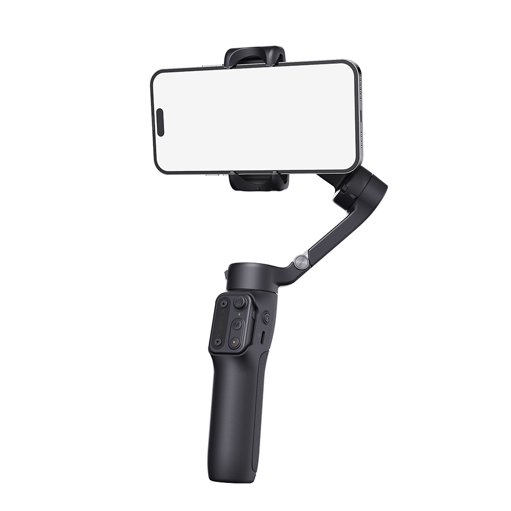 Ein schwarzer Smartphone-Gimbal-Stabilisator mit horizontal montiertem Telefon. Weißer Bildschirm.