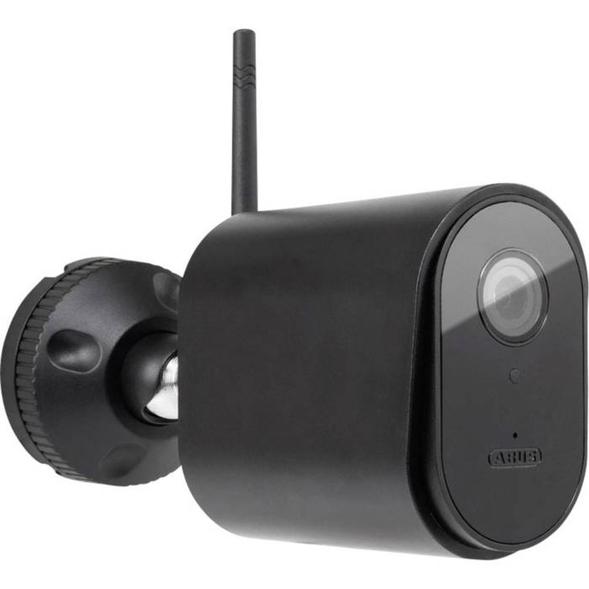 Schwarze Überwachungskamera mit Antenne und Linse. Auf weißem Hintergrund.