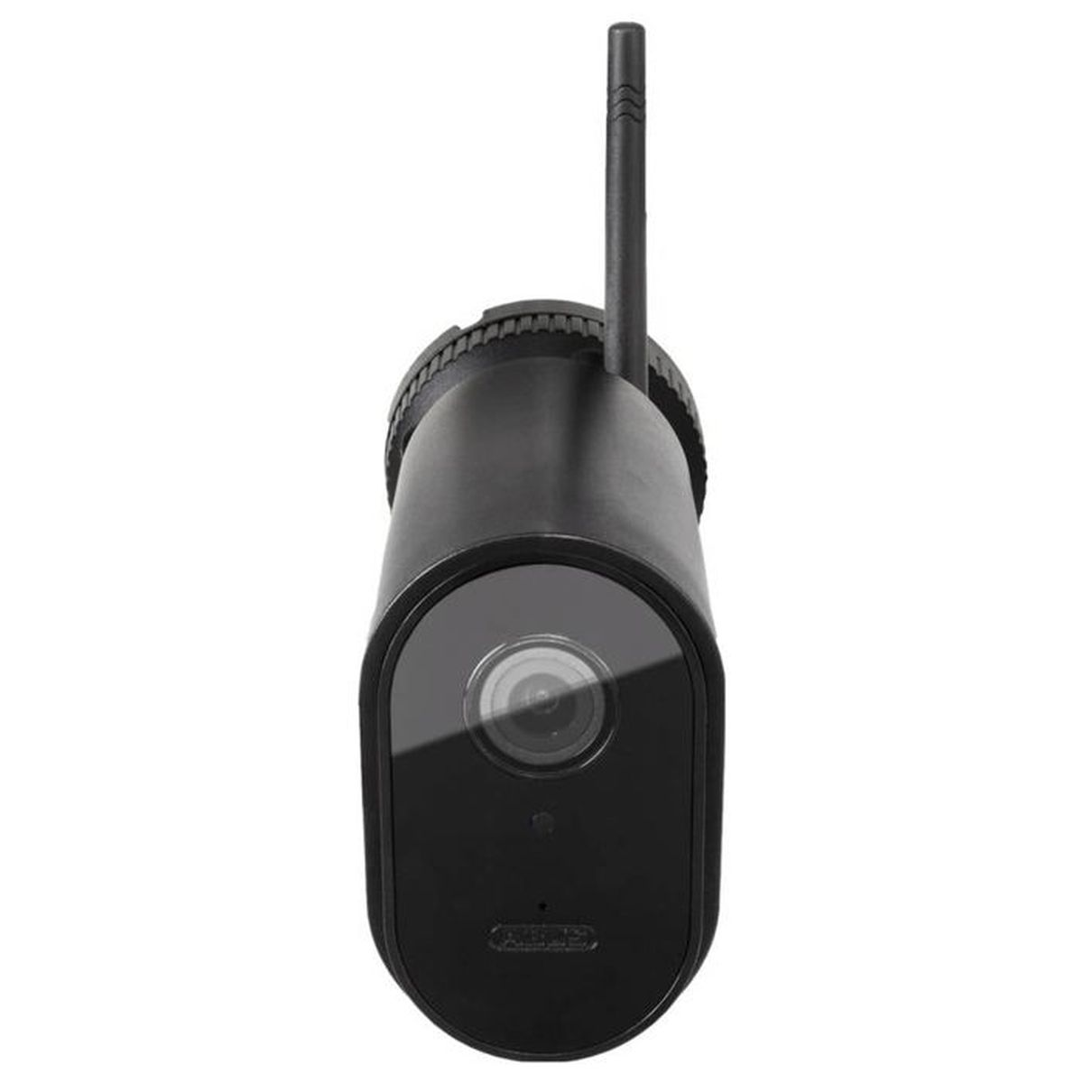 Eine schwarze Überwachungskamera mit Linse und Antenne auf weißem Grund.