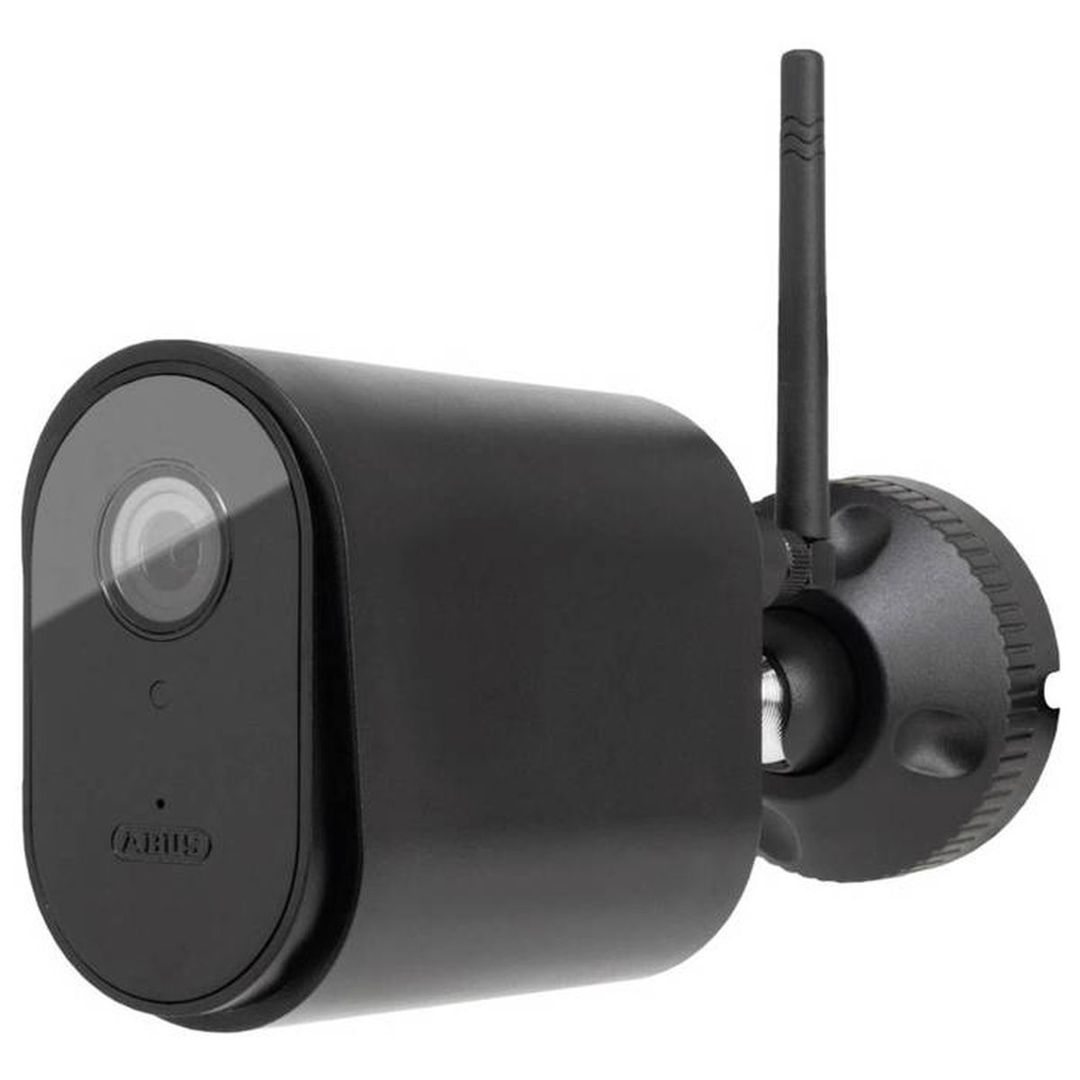 Schwarze Überwachungskamera mit Antenne und Wandhalterung auf weißem Hintergrund.
