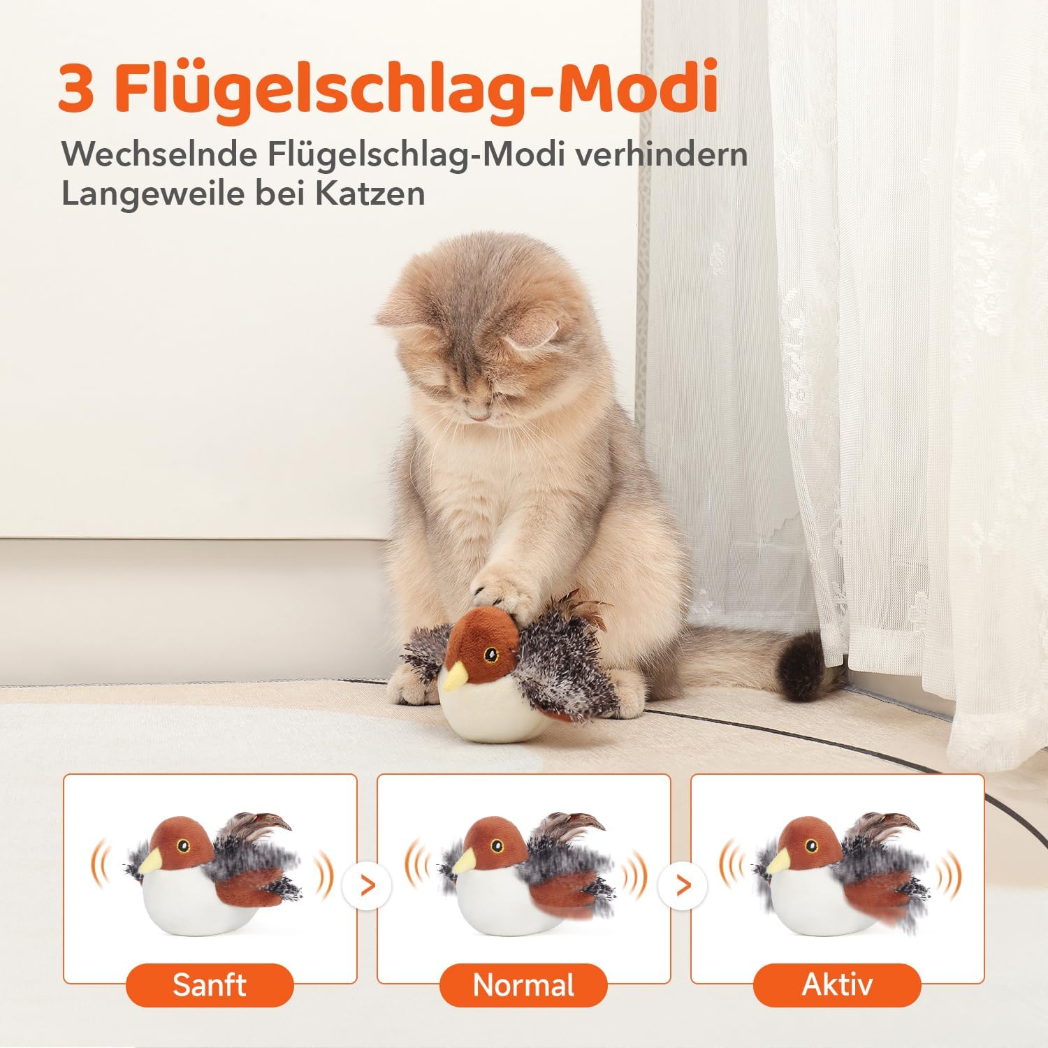 Eine Katze spielt mit einem Vogelspielzeug mit drei Modi: Sanft, Normal und Aktiv.