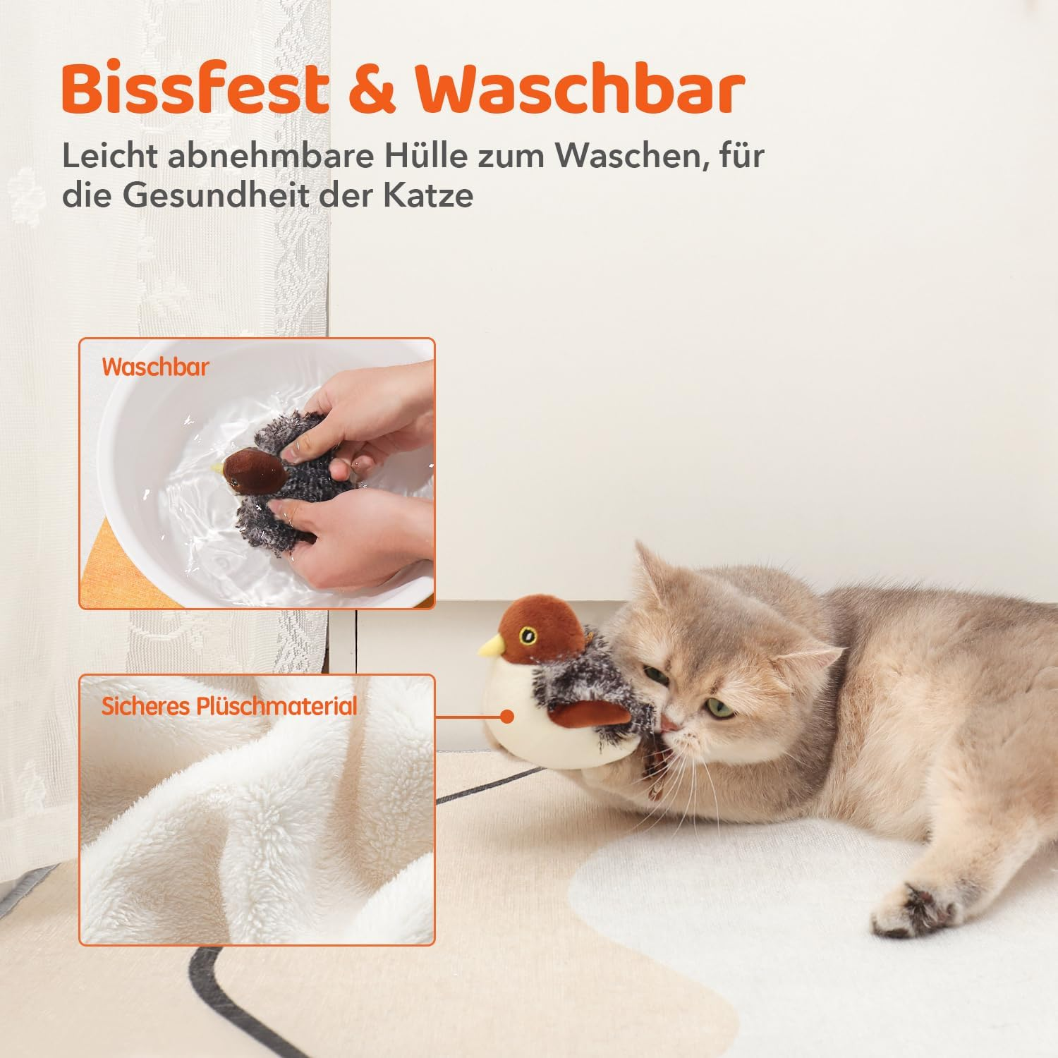 Eine Katze spielt mit einem Vogelspielzeug. Kleine Fenster zeigen das Waschen und das Material.