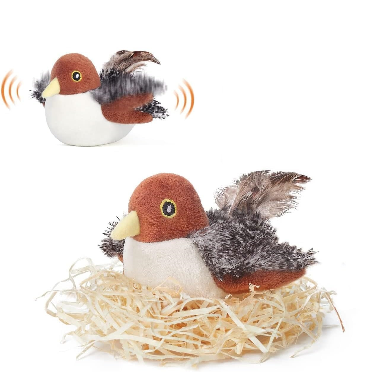 Ein braun-weißes Vogelspielzeug mit Federn sitzt in einem Nest.