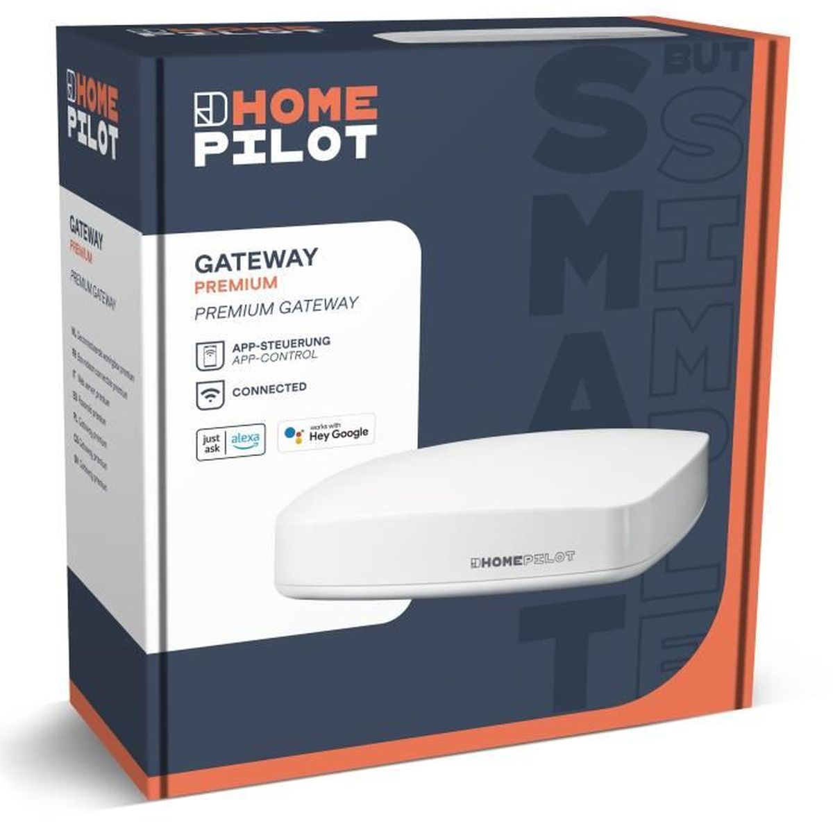 Weiße HomePilot Gateway-Box mit App-Steuerung, Alexa und Google Home Kompatibilität.