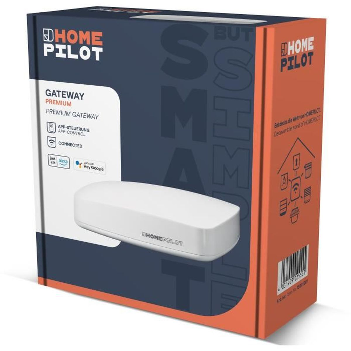 HomePilot Gateway Premium Box mit weißem Gerät. App-Steuerung, Connected, Alexa & Google.