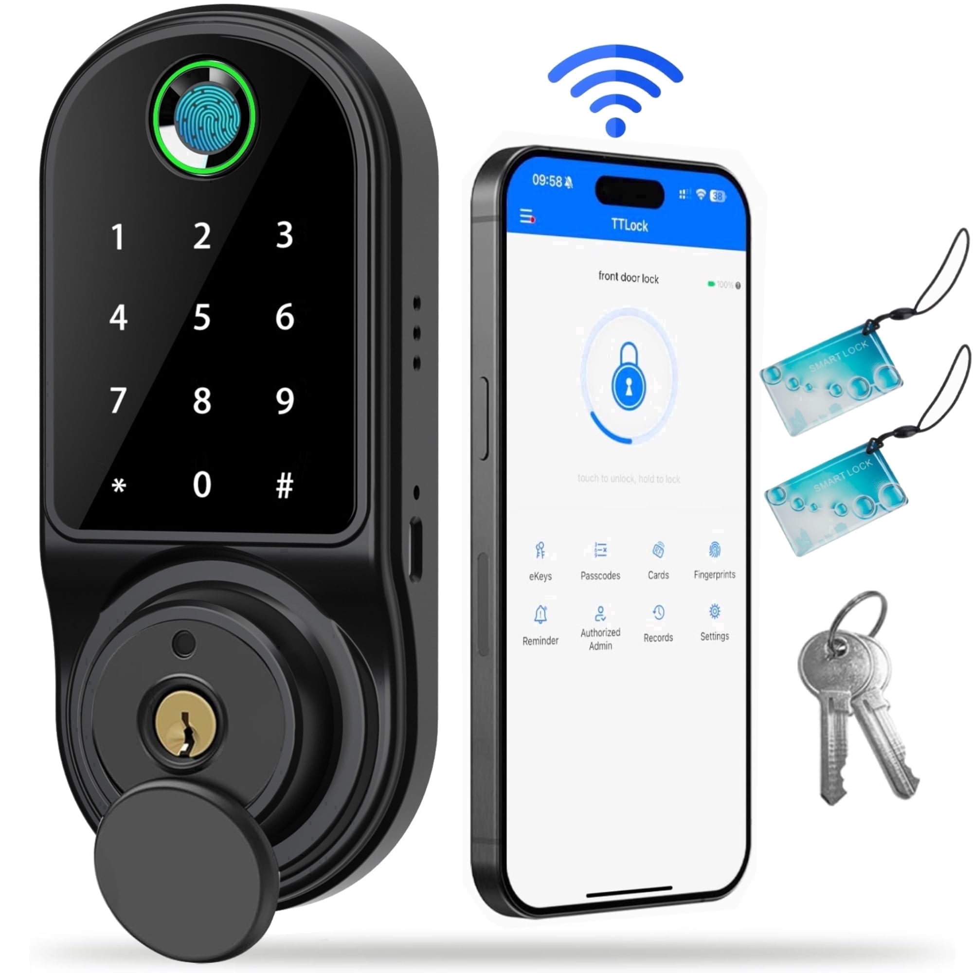Schwarzer Smart Lock mit Fingerabdrucksensor, Tastatur, Schlüsselloch, Handy-App und Schlüsseln.