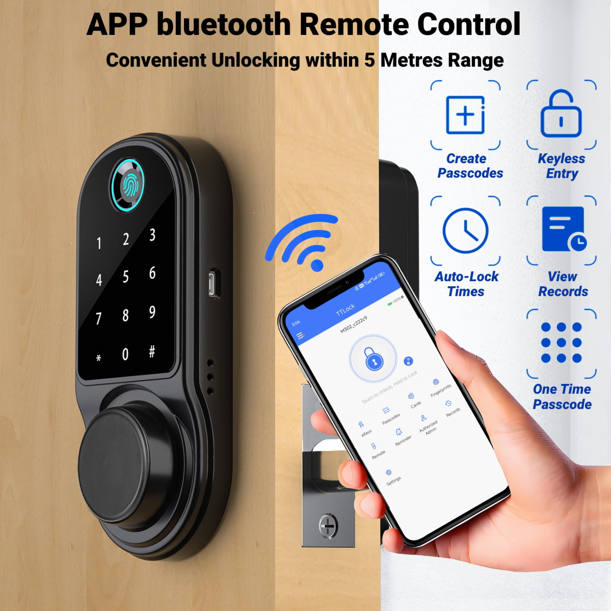 Smart-Schloss mit Tastatur und Fingerabdruck an der Tür, Handy-App zeigt Sperrstatus.