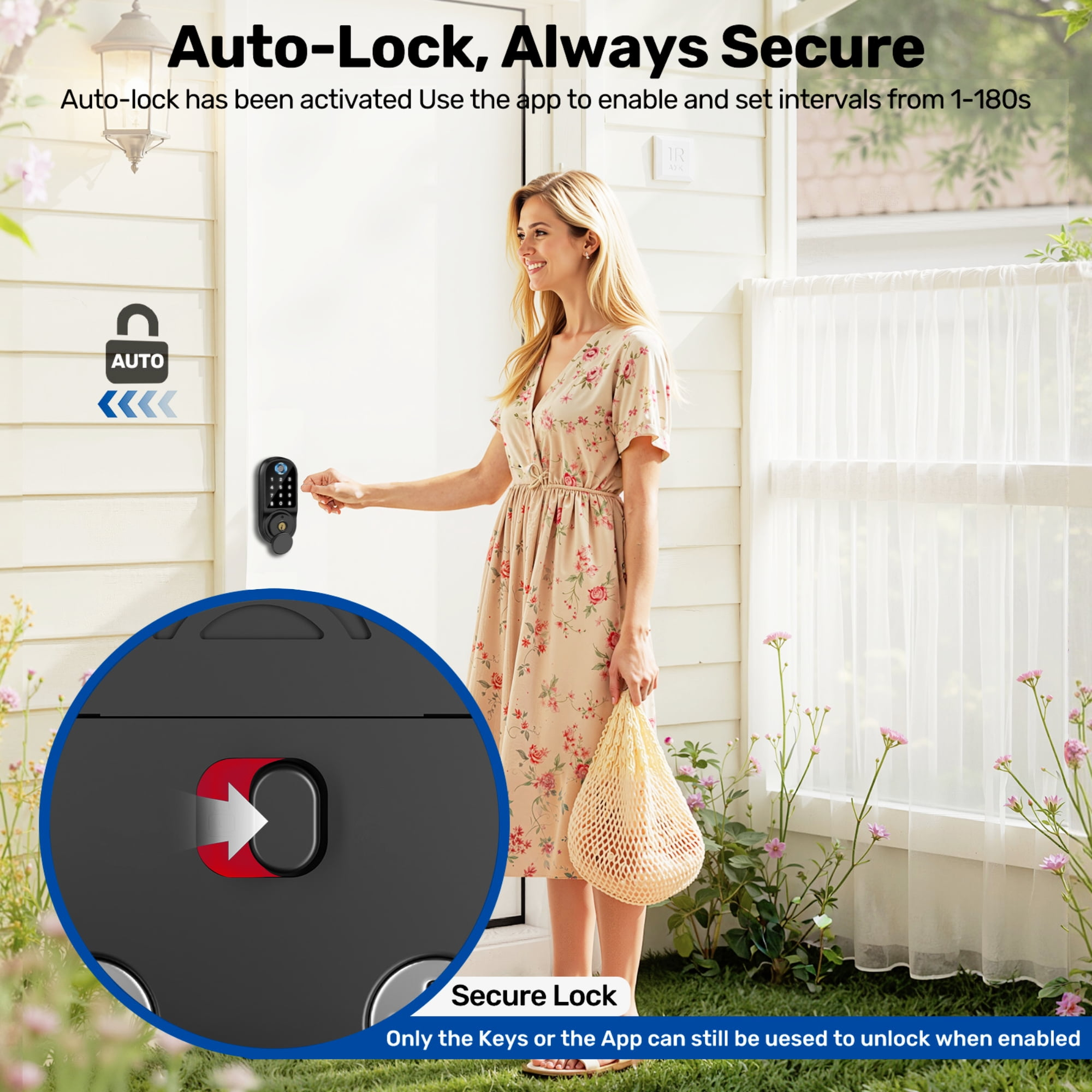 Eine Frau in geblümtem Kleid steht vor einer Tür mit Smart Lock. Nahaufnahme des Schlossmechanismus.