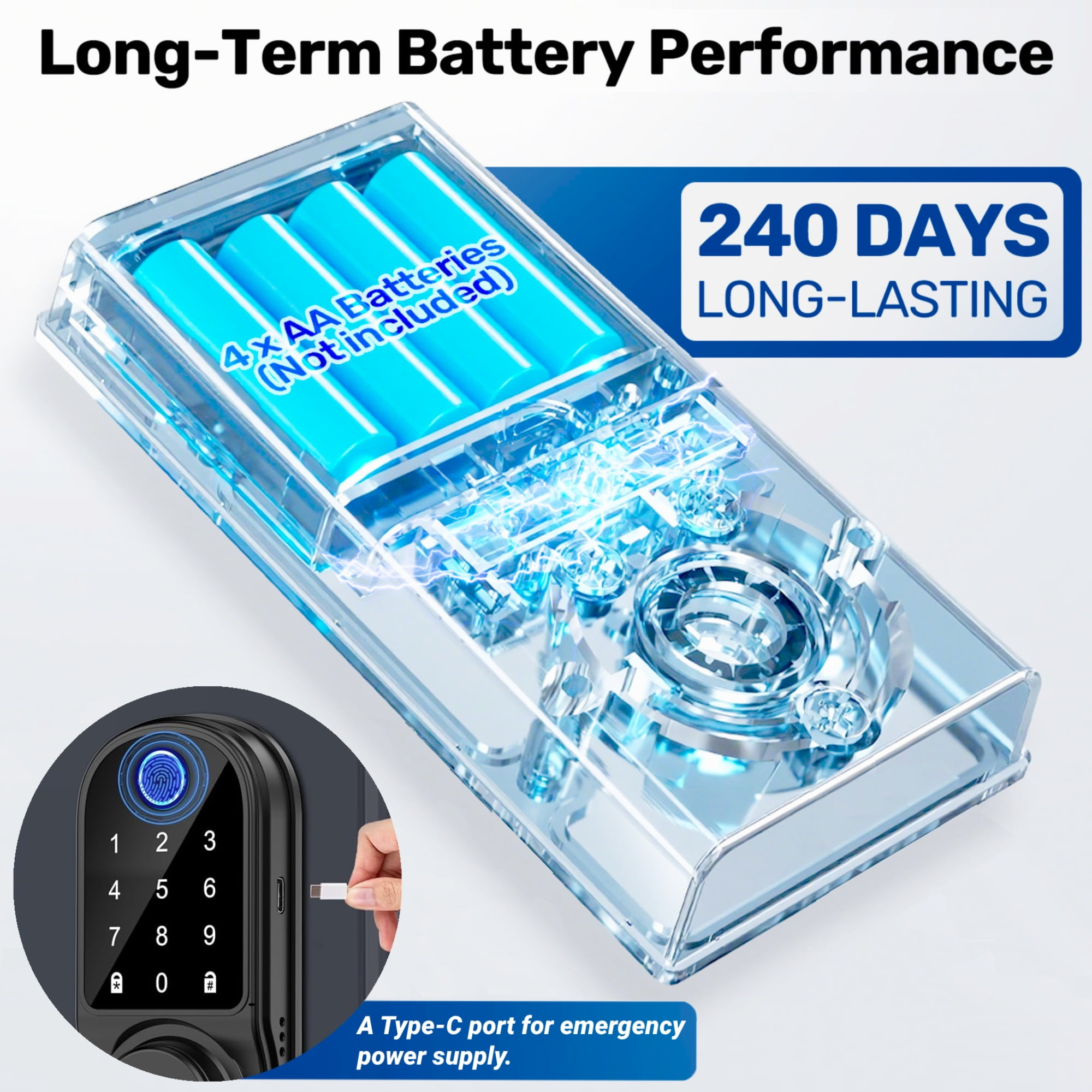 Digitales Türschloss mit Fingerabdrucksensor, Tastatur und Typ-C-Anschluss. 4 AA-Batterien.