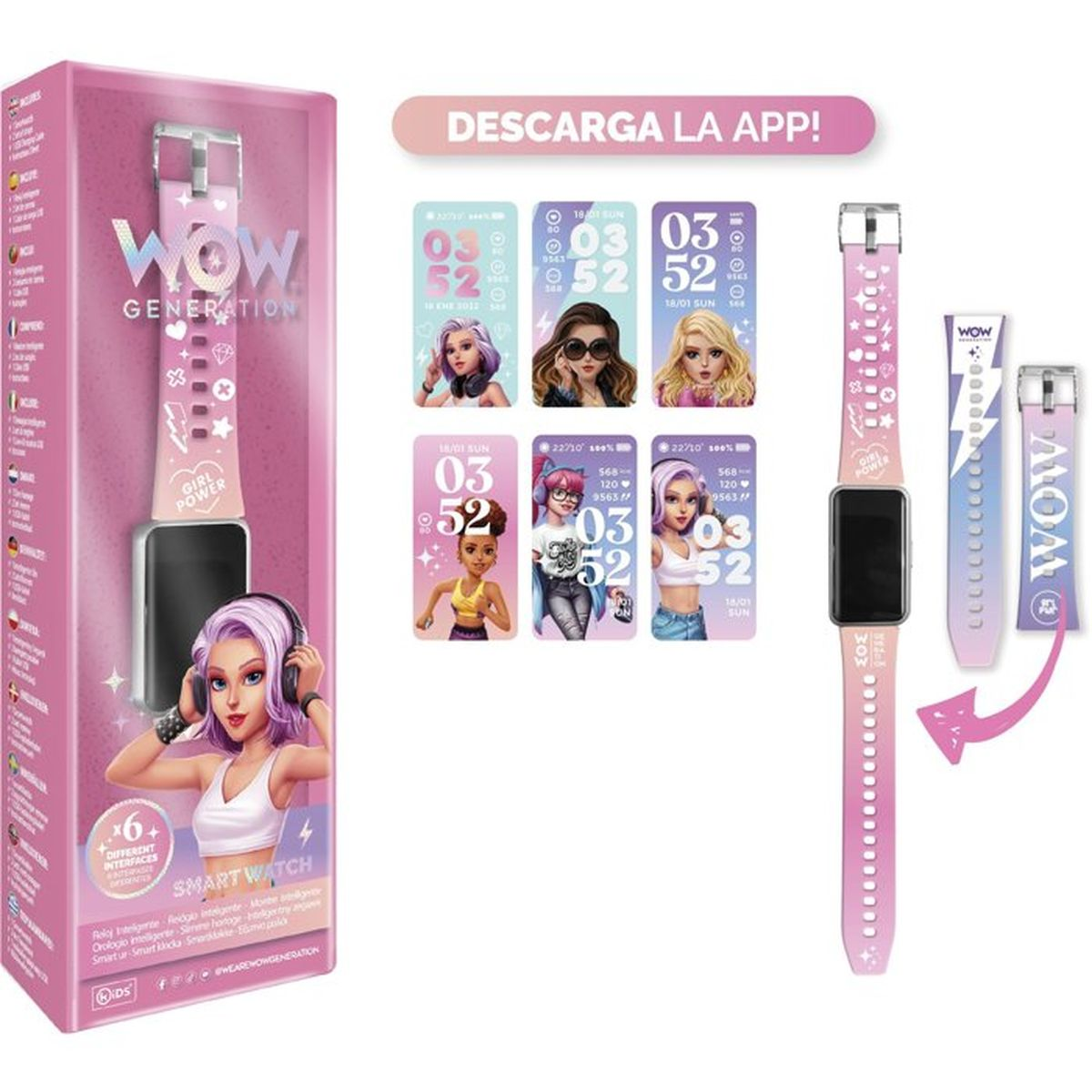 Pink smartwatch packaging with digital depictions of girls and watch straps.