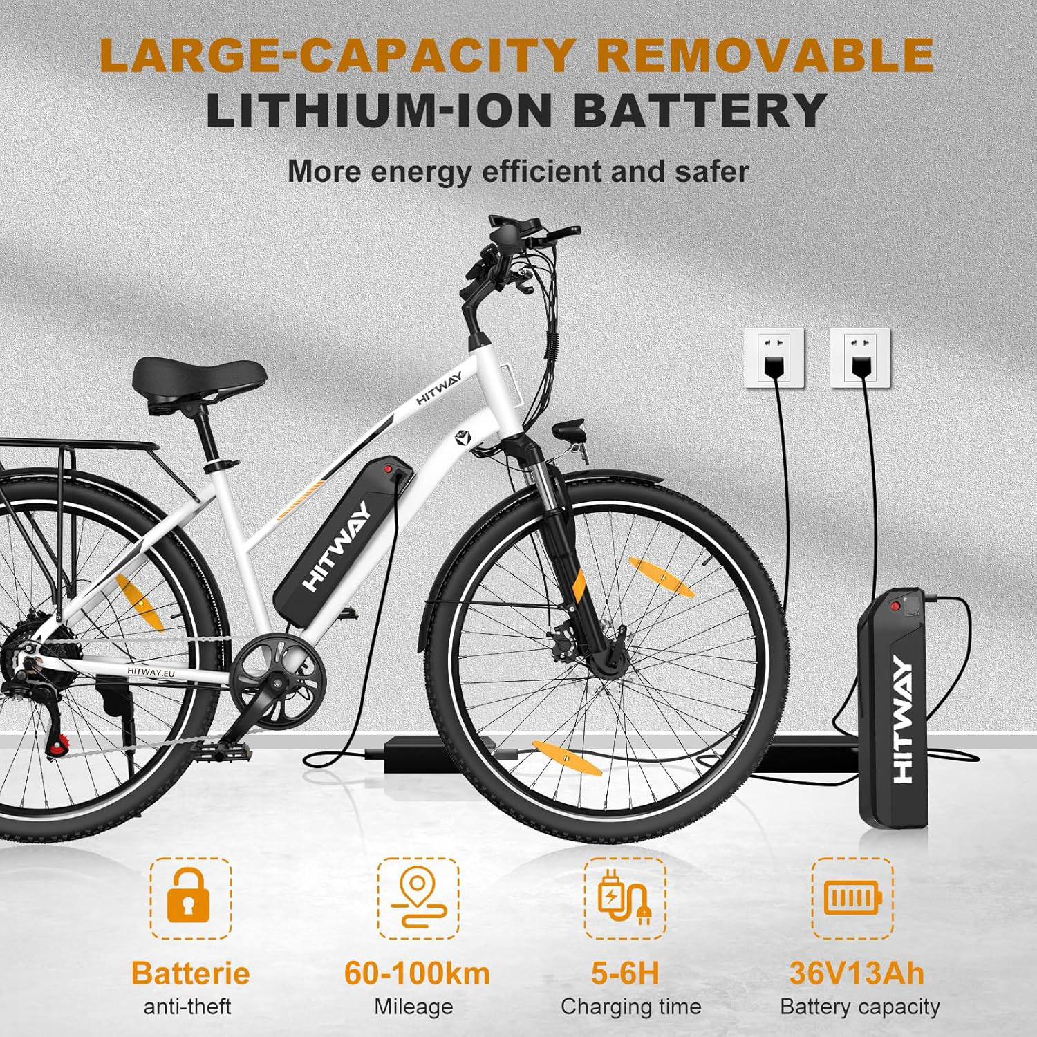 Una e-bike bianca con batteria rimovibile in carica. Le icone mostrano i dettagli.