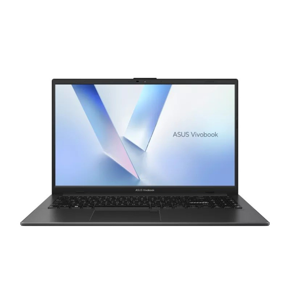Czarny laptop ASUS Vivobook z otwartym ekranem, wyświetlający abstrakcyjne niebieskie i różowe kształty.
