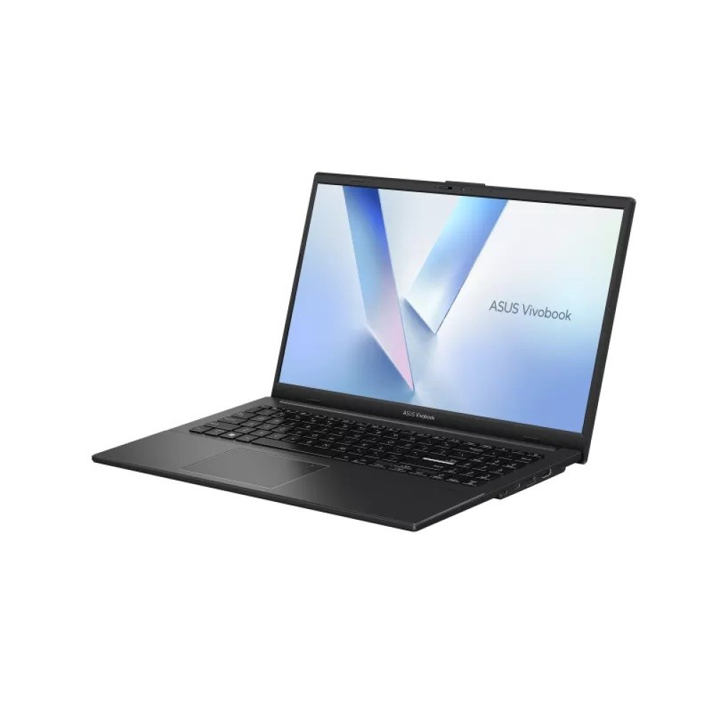 Czarny laptop ASUS Vivobook na białym tle, z niebiesko-białą tapetą.