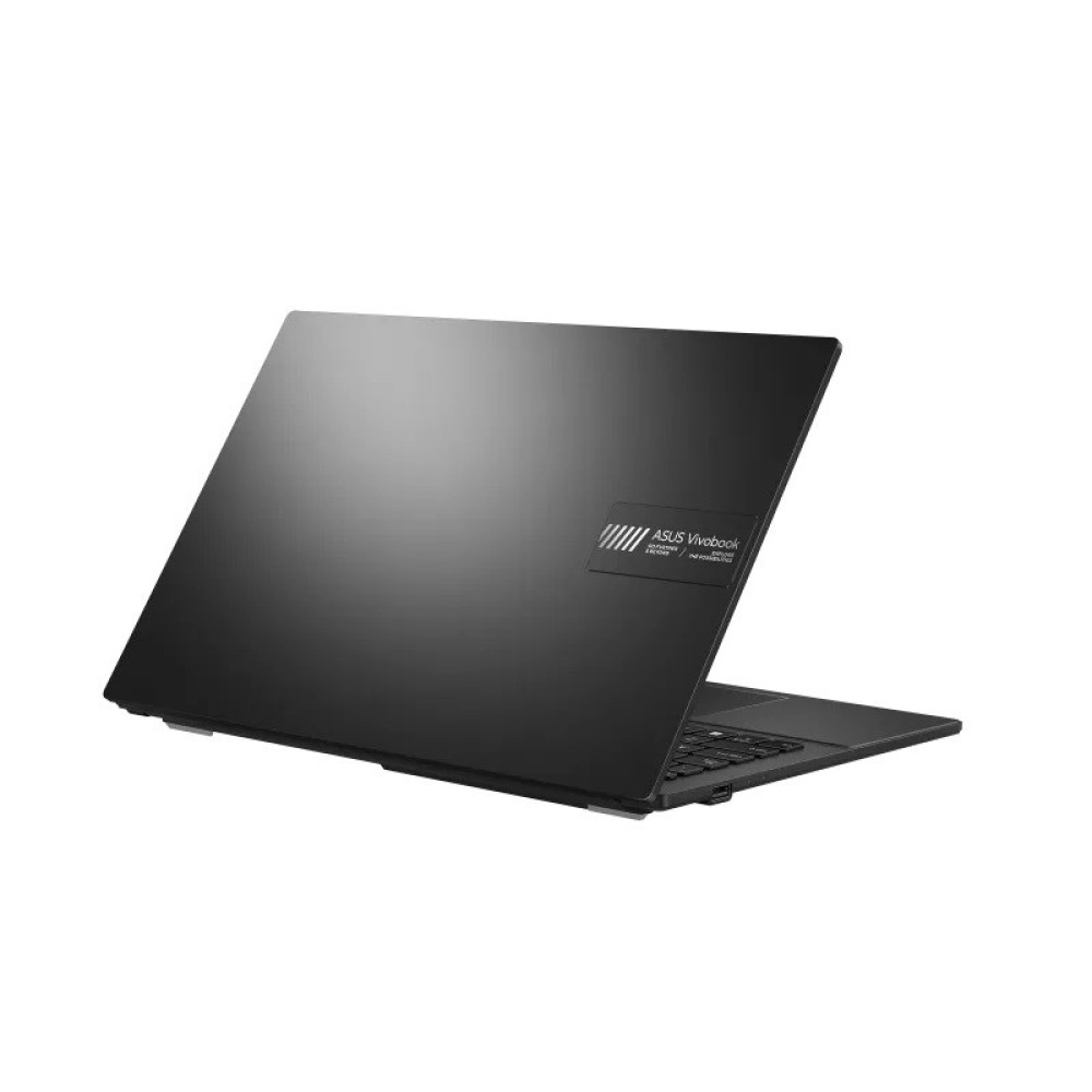 Czarny laptop Asus Vivobook na białym tle, lekko otwarty.