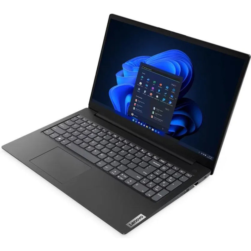 Czarny laptop Lenovo jest otwarty, pokazując pulpit Windows 11 z niebieską abstrakcyjną tapetą.