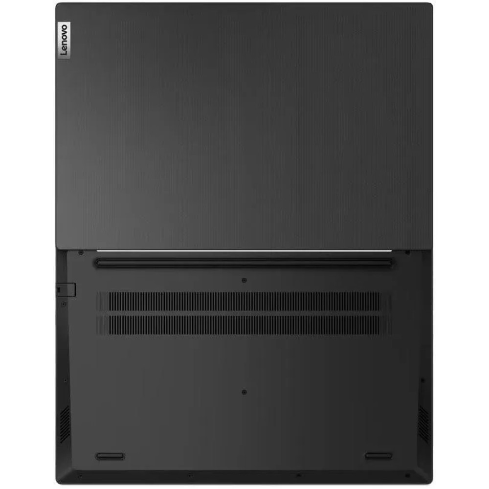 Spód zamkniętego czarnego laptopa z otworami wentylacyjnymi i logo Lenovo.