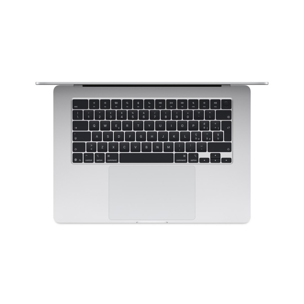 Otwarty srebrny MacBook z klawiaturą i dużym gładzikiem, na białym tle.