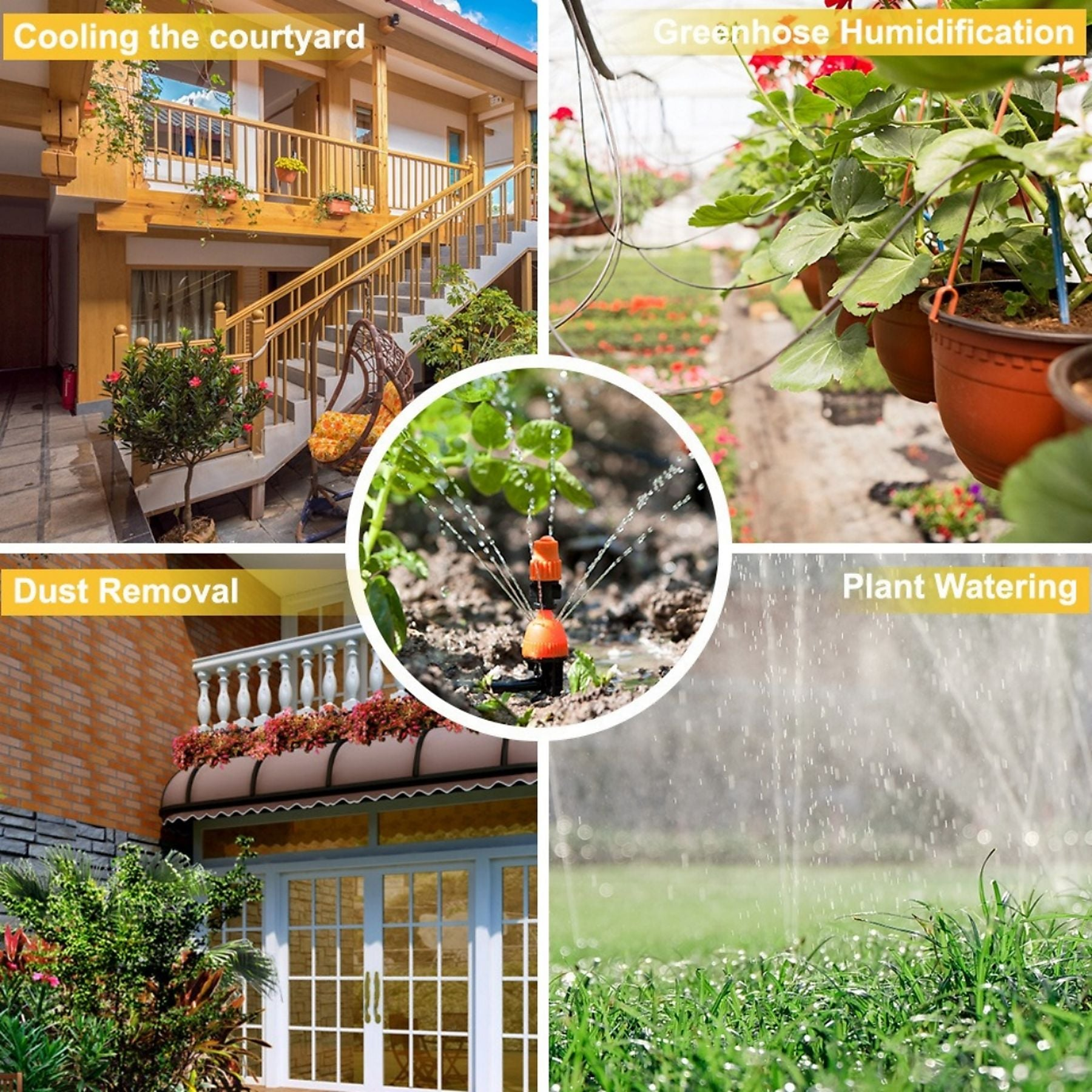 Vier Bilder zeigen: Innenhof, Gewächshaus, Sprinkler im Beet, Rasensprenger.