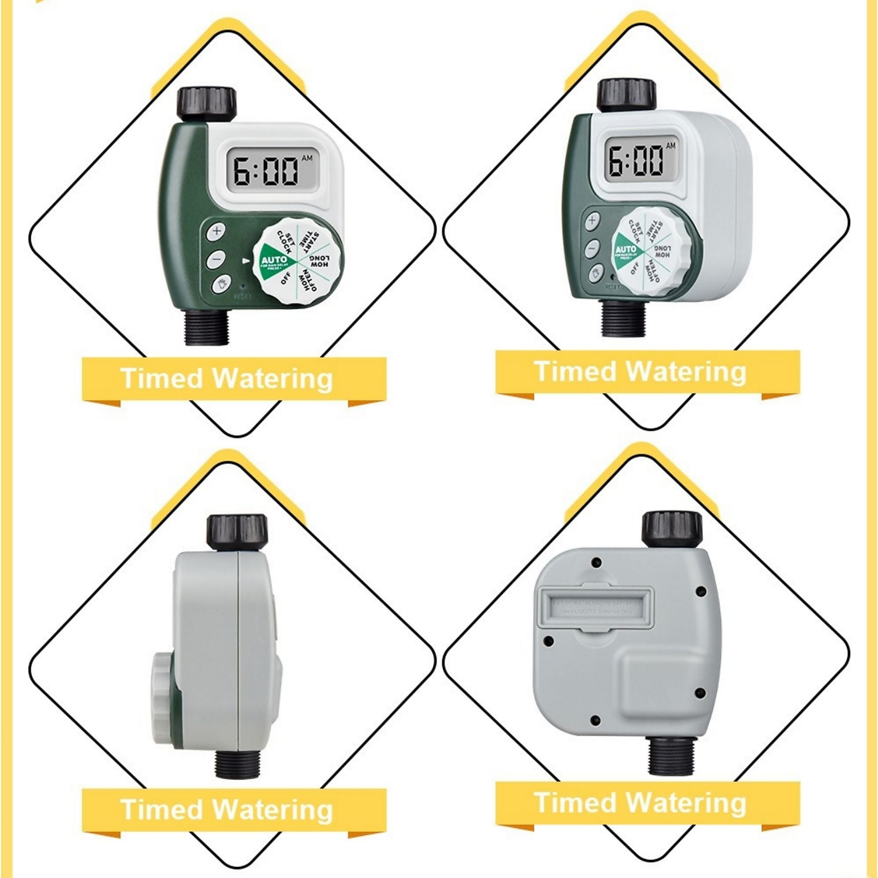Grüner und weißer Bewässerungszeitschaltuhr mit LCD-Anzeige und Drehknopf.