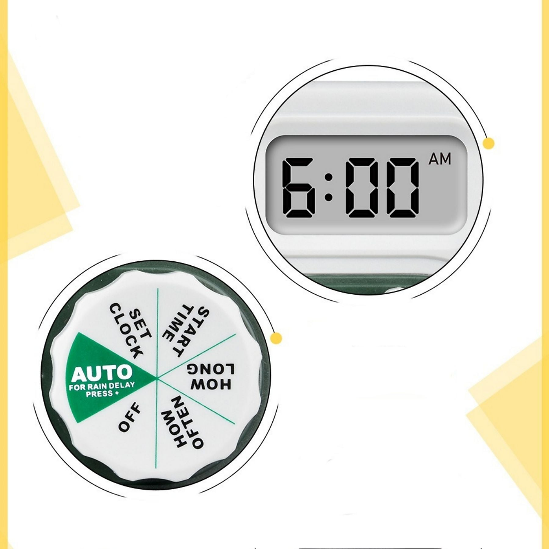 Digitaluhr zeigt 6:00 AM, neben einem Einstellknopf mit AUTO, OFF, CLOCK, SET, START, TIME, HOW OFTEN, HOW LONG.