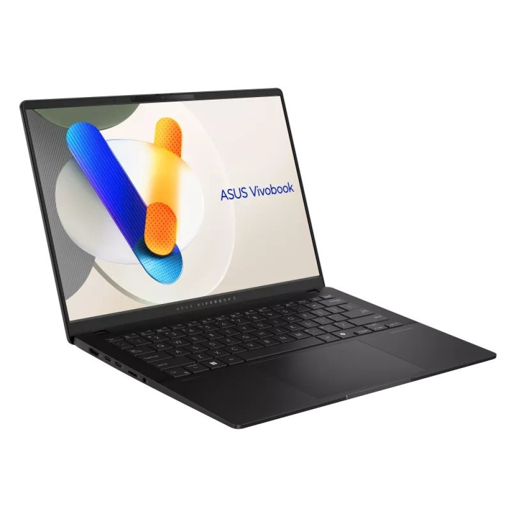 Czarny laptop ASUS Vivobook z klawiaturą i jasnym ekranem.