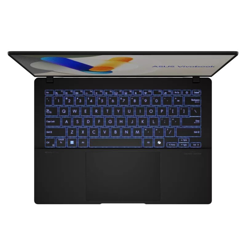 Czarny laptop ASUS Vivobook, otwarty, widok z góry, z niebiesko podświetlaną klawiaturą.