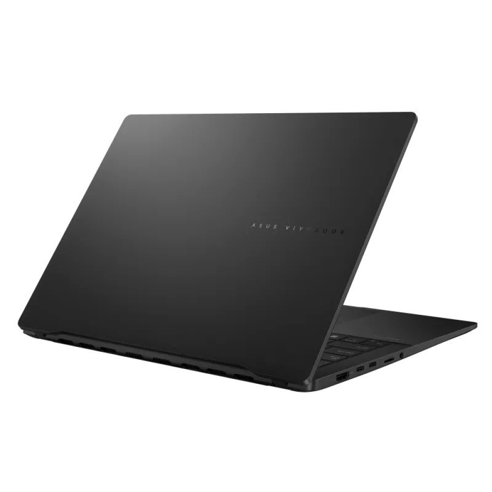 Czarny laptop ASUS Vivobook, otwarta pokrywa pokazuje dolną część i klawiaturę.