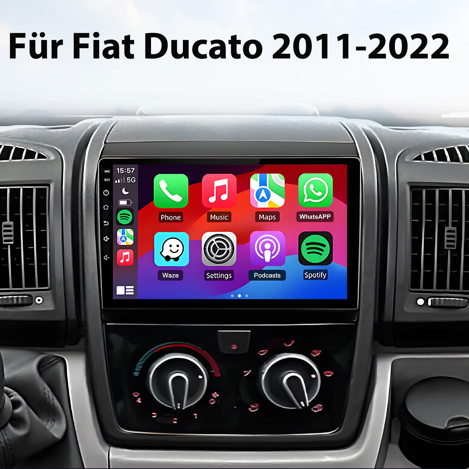 Salpicadero de un Fiat Ducato con sistema de infoentretenimiento en pantalla táctil.