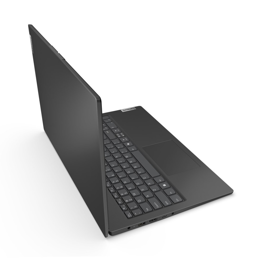 Zamknięty, ciemny laptop Lenovo z klawiaturą i touchpadem.