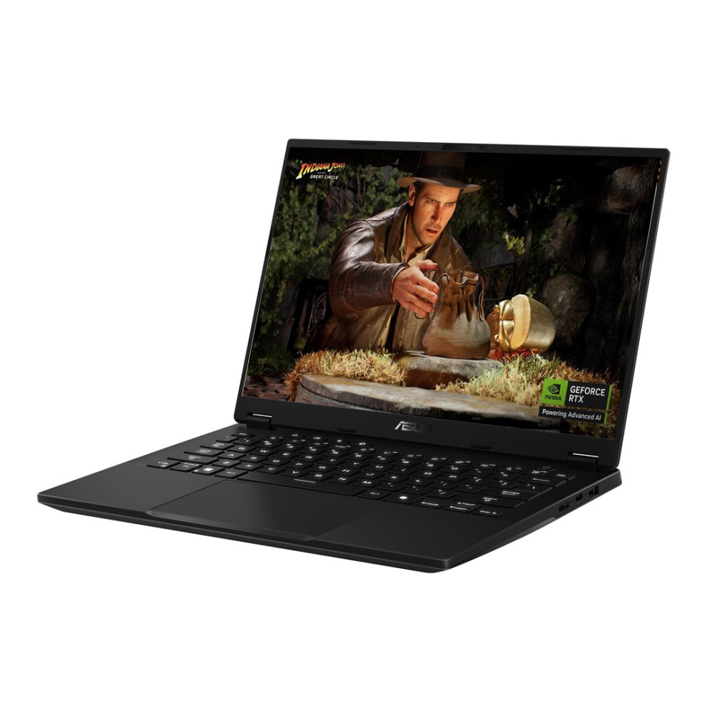 Czarny laptop z postacią Indiany Jones na ekranie.