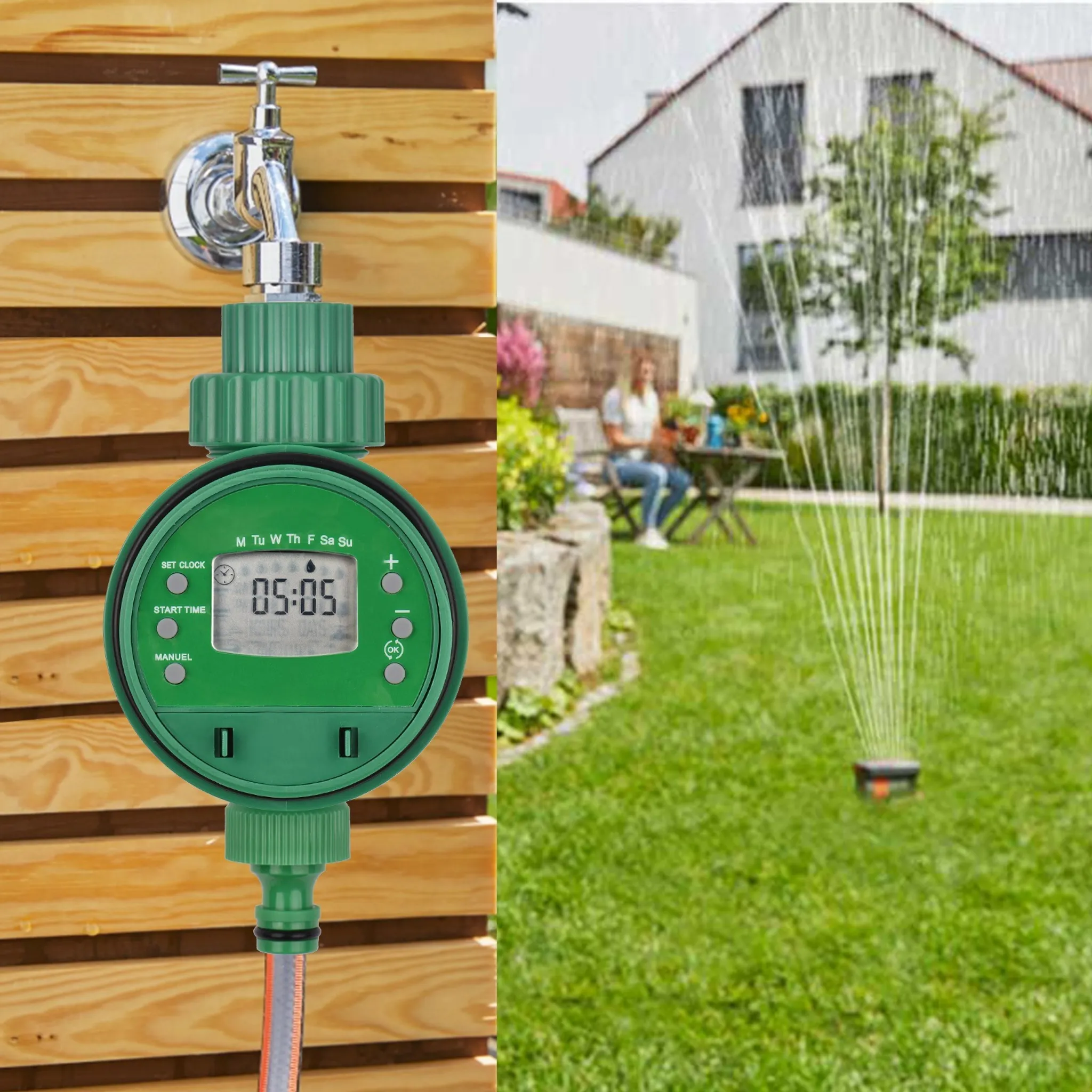 Bewässerungszeitschaltuhr an Holzwand, daneben ein Rasensprenger, der Wasser versprüht.