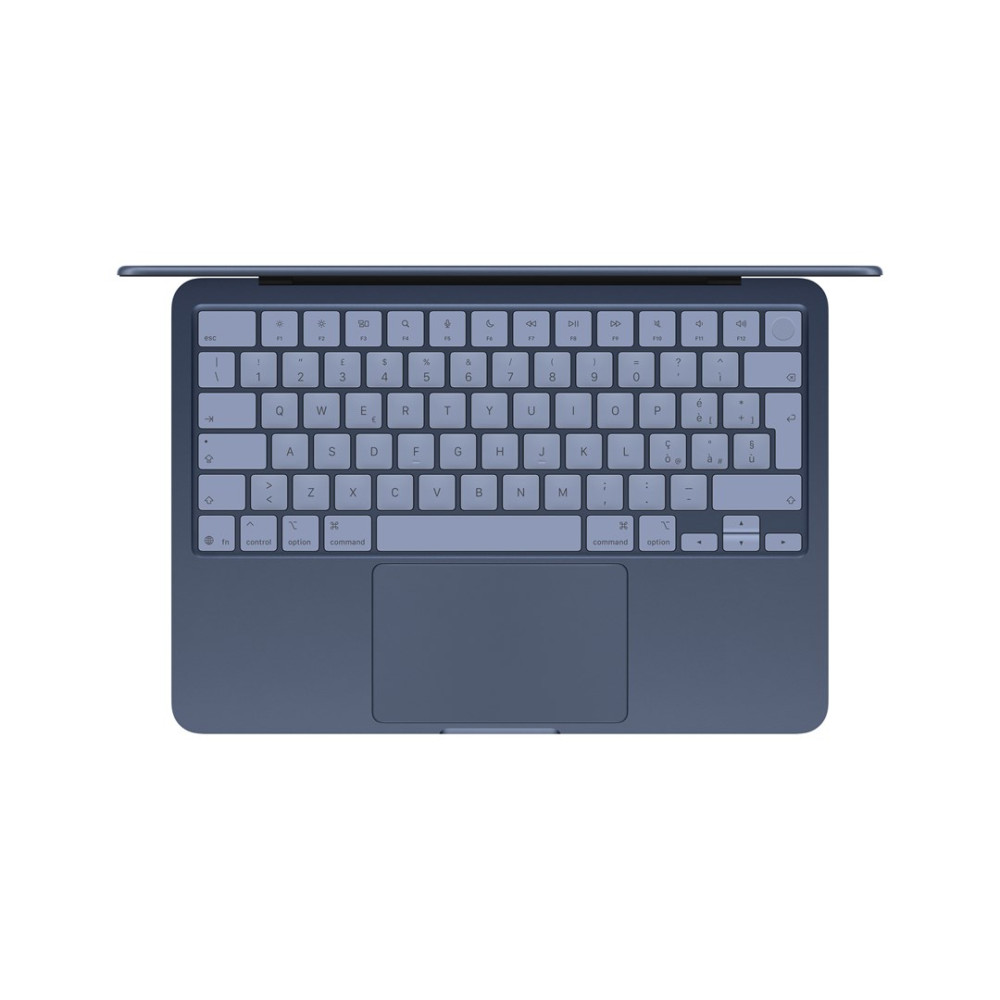 Eine blaue Tastatur mit Touchpad, von oben gesehen.