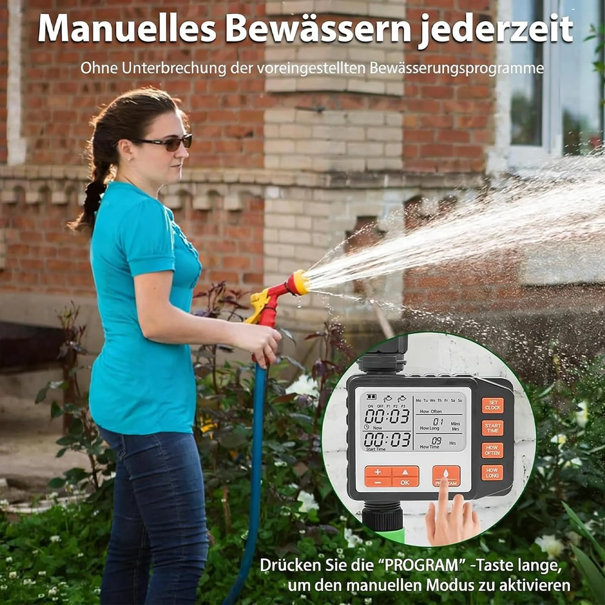 Frau gießt mit Gartenschlauch, Bewässerungscomputer im Fokus.