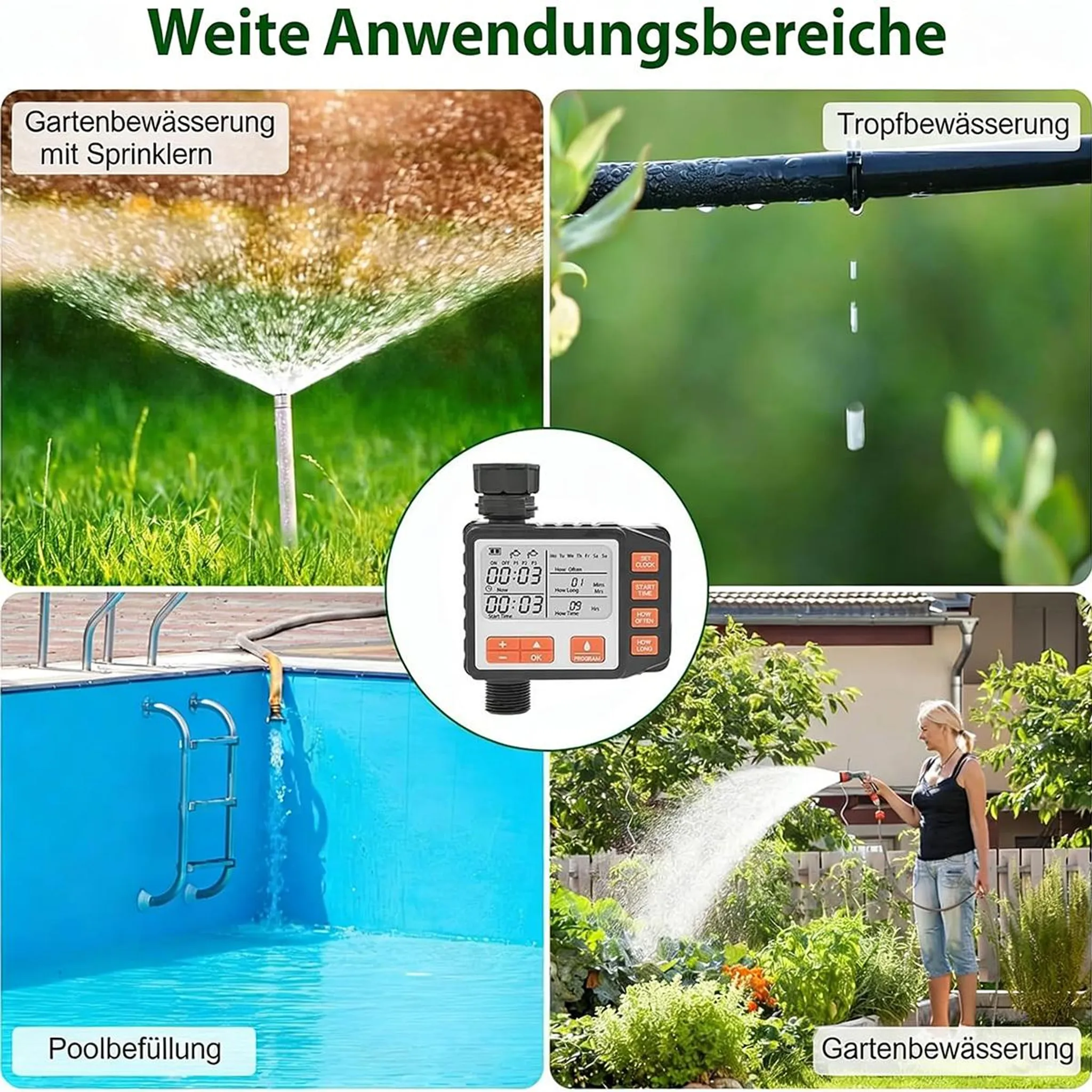 Vier Bilder zeigen Gartenbewässerung, Poolbefüllung und einen Timer.