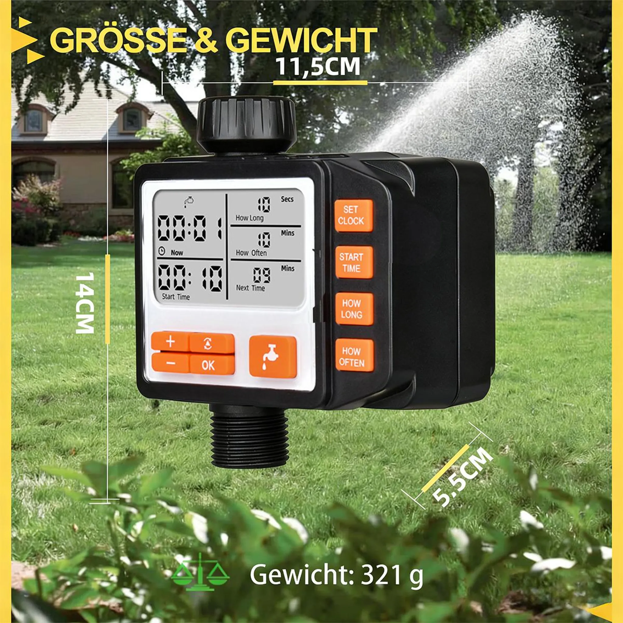 Ein digitaler Gartenbewässerungszeitschaltuhr mit Knöpfen und einem LCD-Bildschirm.
